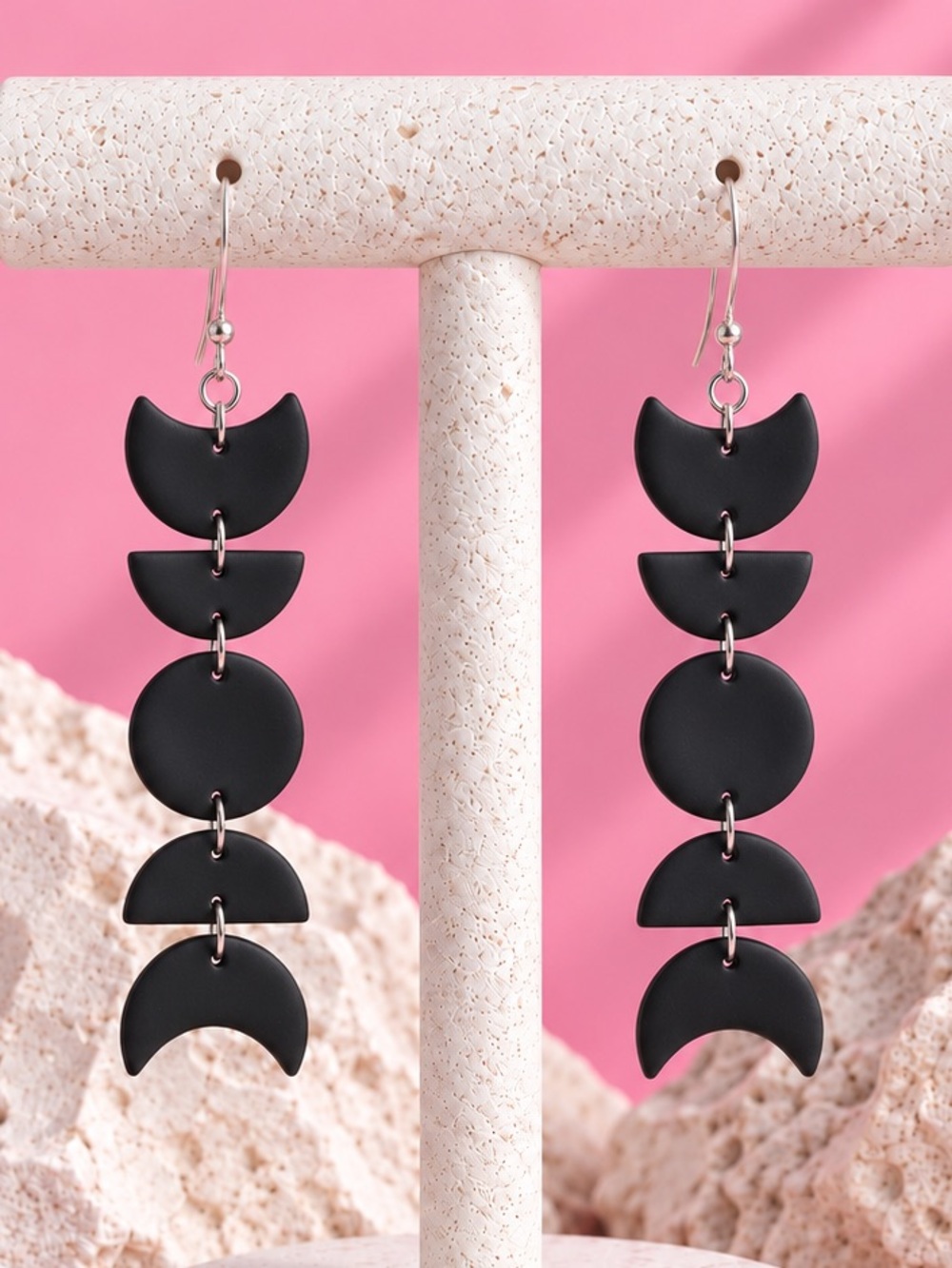 Crescent Moon Dangles — Lunar Cycle — Handmade Earrings — Black